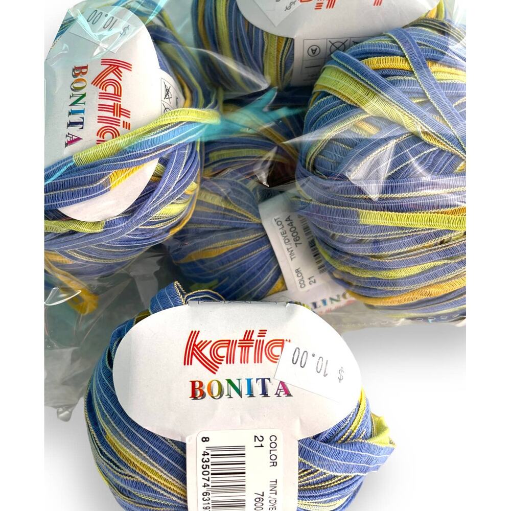 5 Skeins Katia BONITA Ribbon Yarn | Color #21 Blue, Green, Yellow
